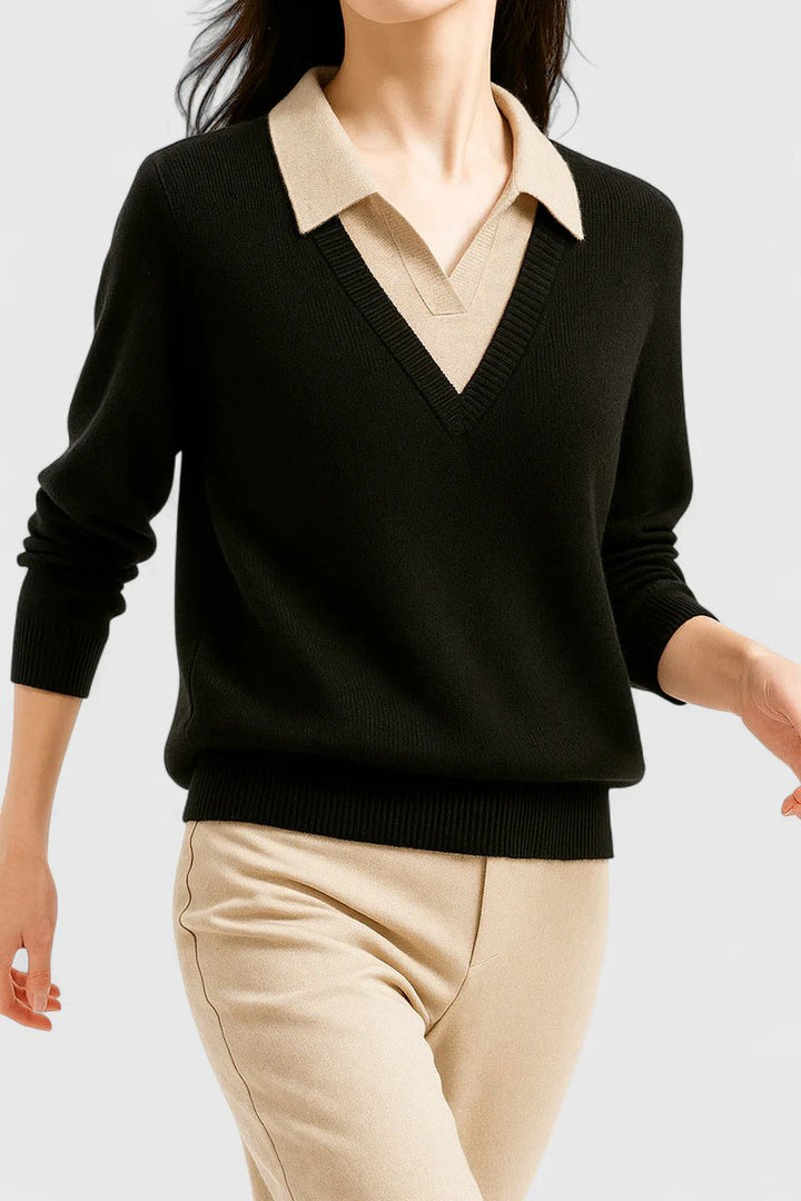 Camila | Women's V-Neck Polo Collar Pullover Sweater with Button Cuffs
