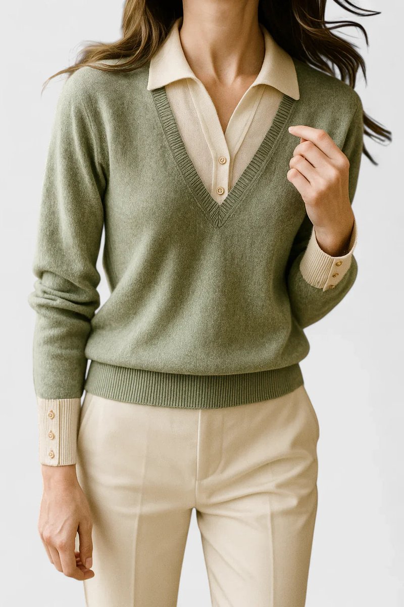 Camila | Women's V-Neck Polo Collar Pullover Sweater with Button Cuffs