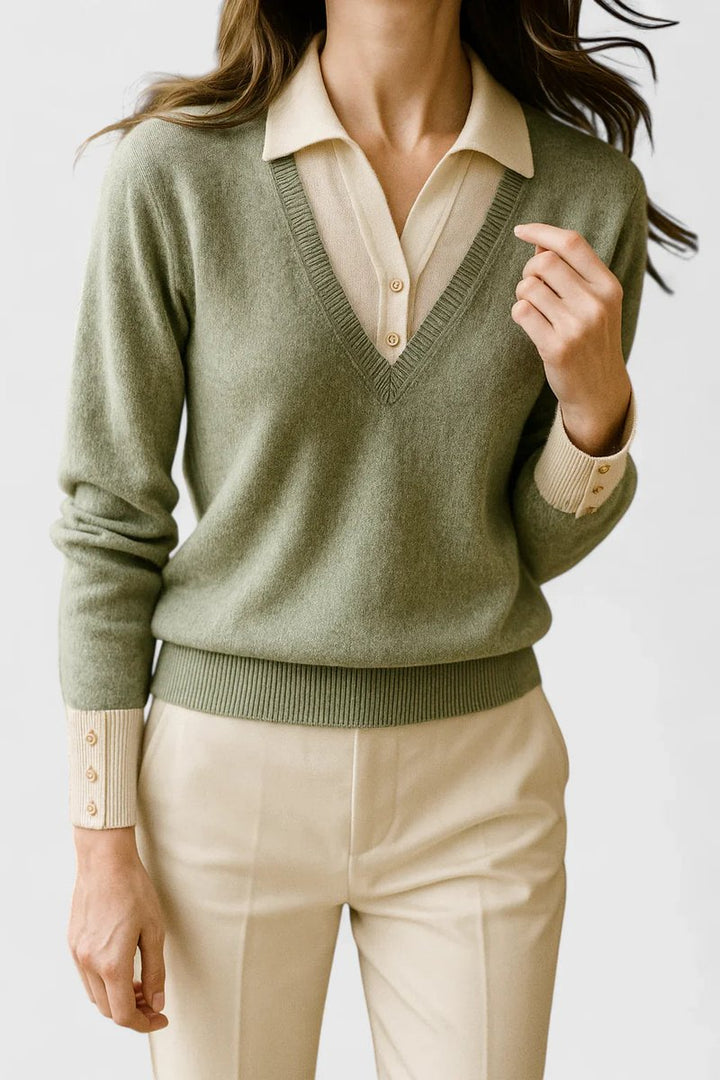 Camila | Women's V-Neck Polo Collar Pullover Sweater with Button Cuffs