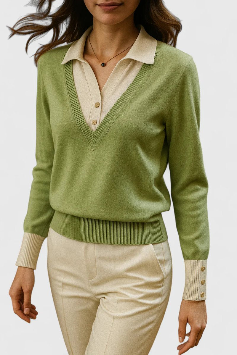Camila | Women's V-Neck Polo Collar Pullover Sweater with Button Cuffs
