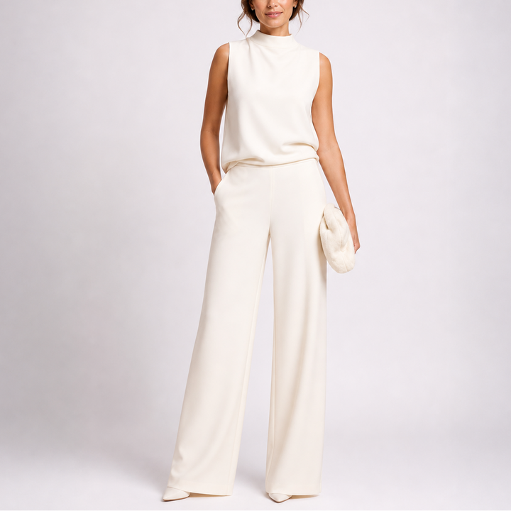 Women's High Neck Sleeveless Wide-Leg Jumpsuit with Pockets