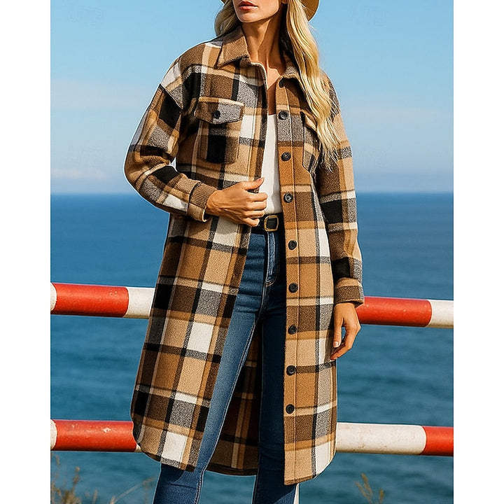 Women's Longline Checked Coat with Buttons and Pockets